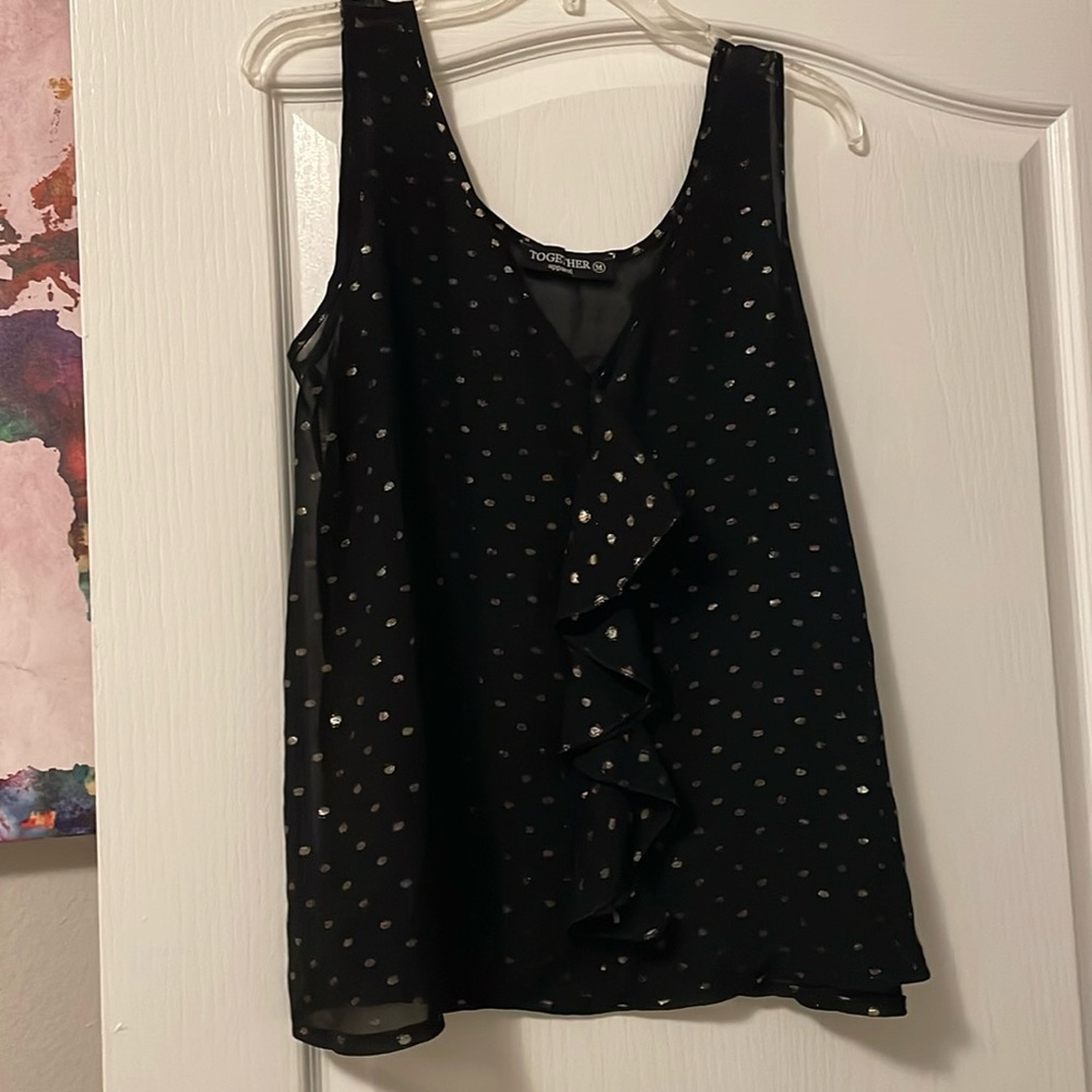 Sheer black tank top with gold polkadots